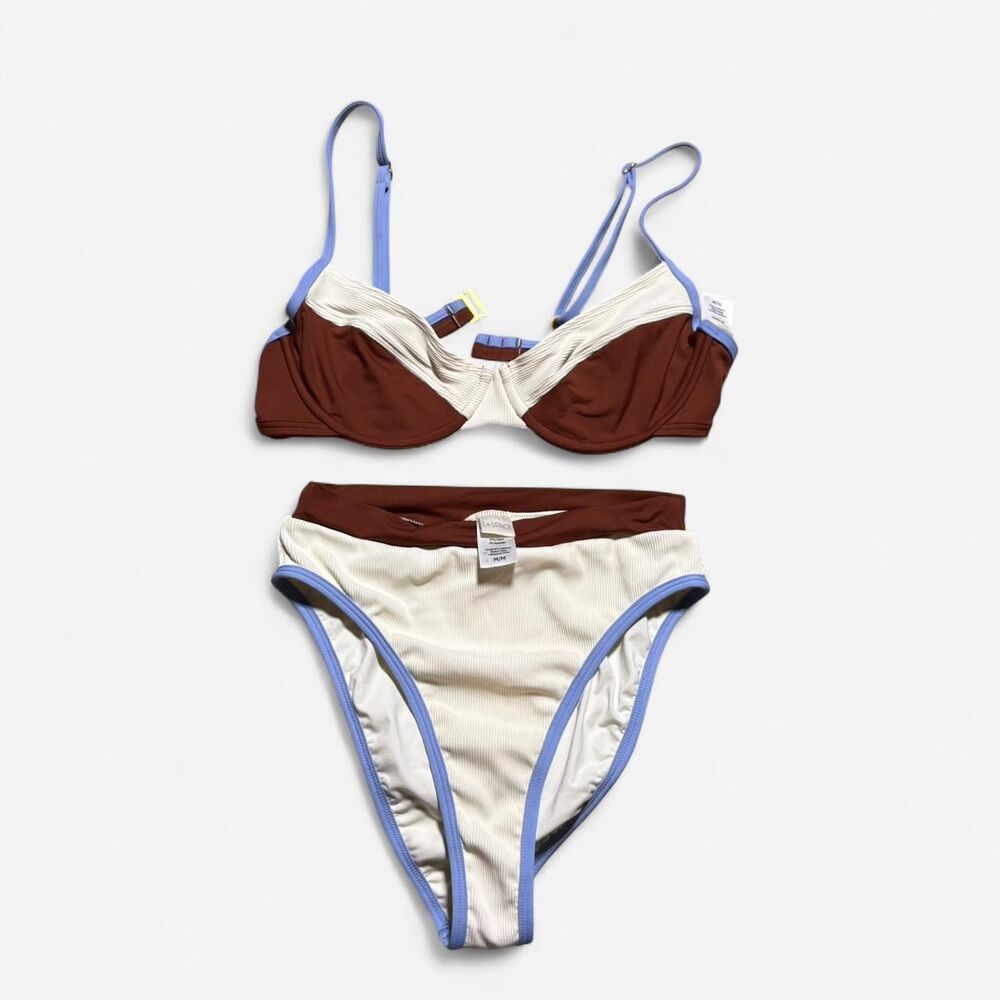 l*space Brown Cream and Lavender Trim Bikini Set